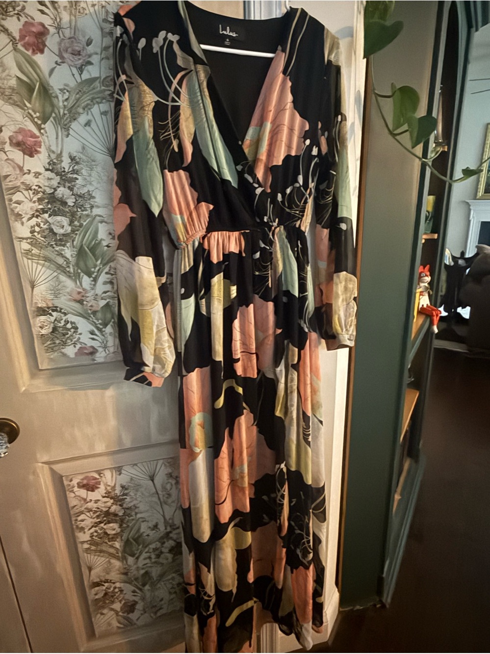 Lulu's Black Floral Wrap Maxi Dress with Pink and Mint Accents